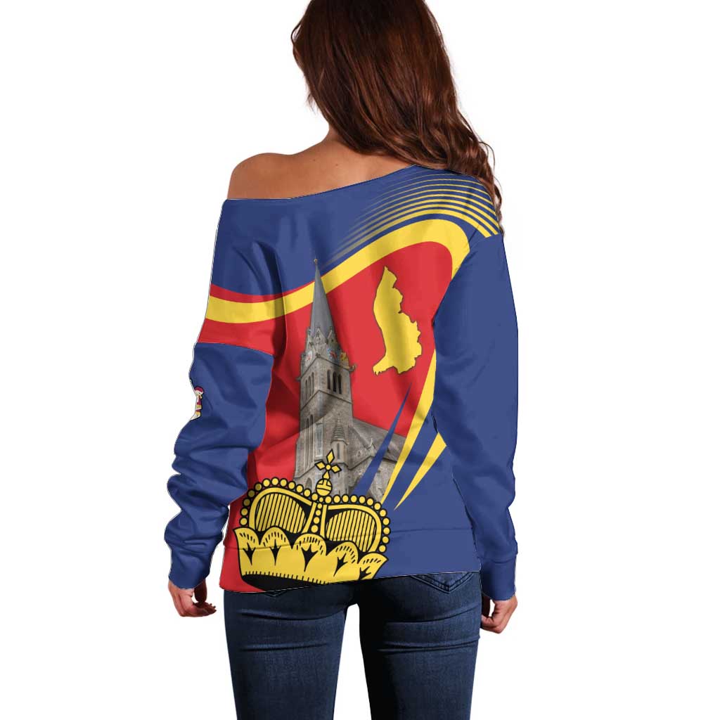 Liechtenstein National Day 1866 Off Shoulder Sweater Gold Crown Vaduz Cathedral