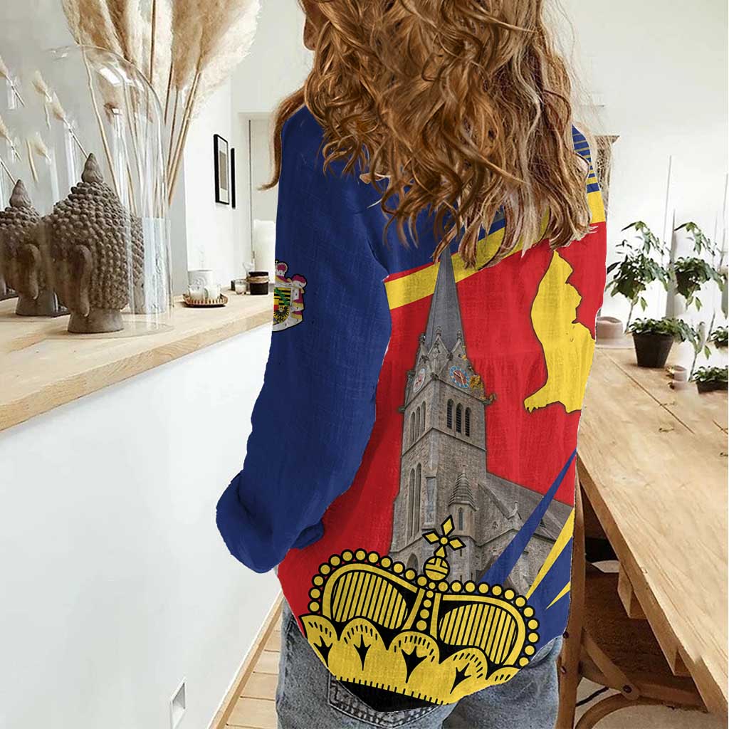 Liechtenstein National Day 1866 Women Casual Shirt Gold Crown Vaduz Cathedral