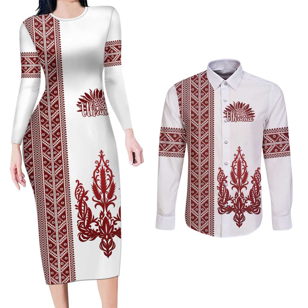 Ukraine Vyshyvanka Pattern Couples Matching Long Sleeve Bodycon Dress and Long Sleeve Button Shirt Ukrainian Trident