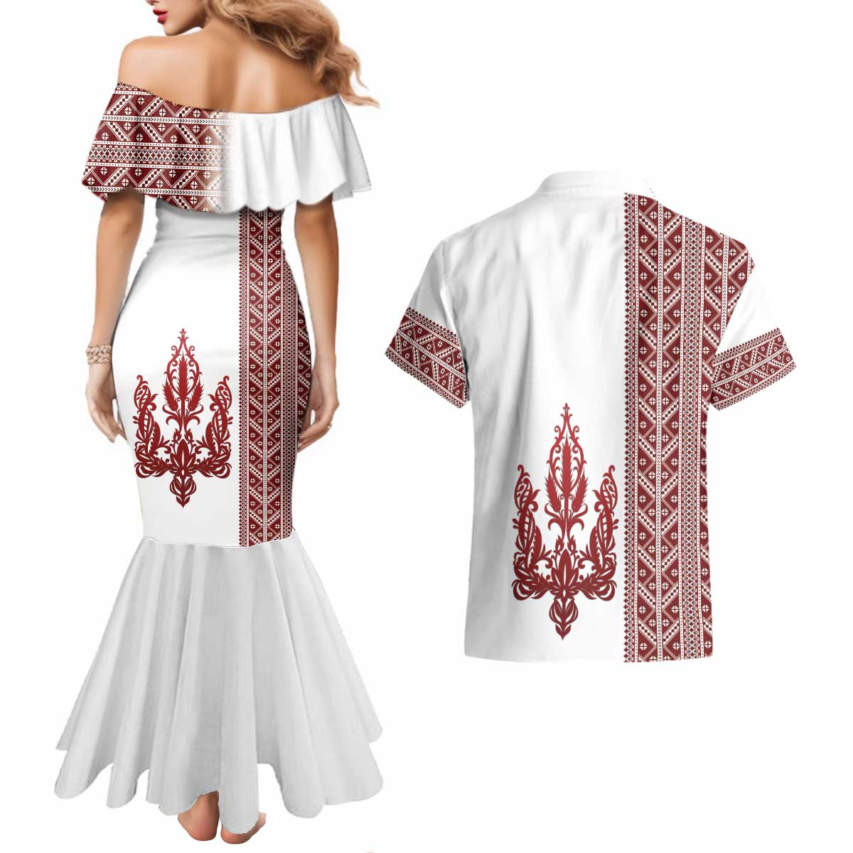Ukraine Vyshyvanka Pattern Couples Matching Mermaid Dress and Hawaiian Shirt Ukrainian Trident