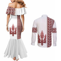 Ukraine Vyshyvanka Pattern Couples Matching Mermaid Dress and Long Sleeve Button Shirt Ukrainian Trident