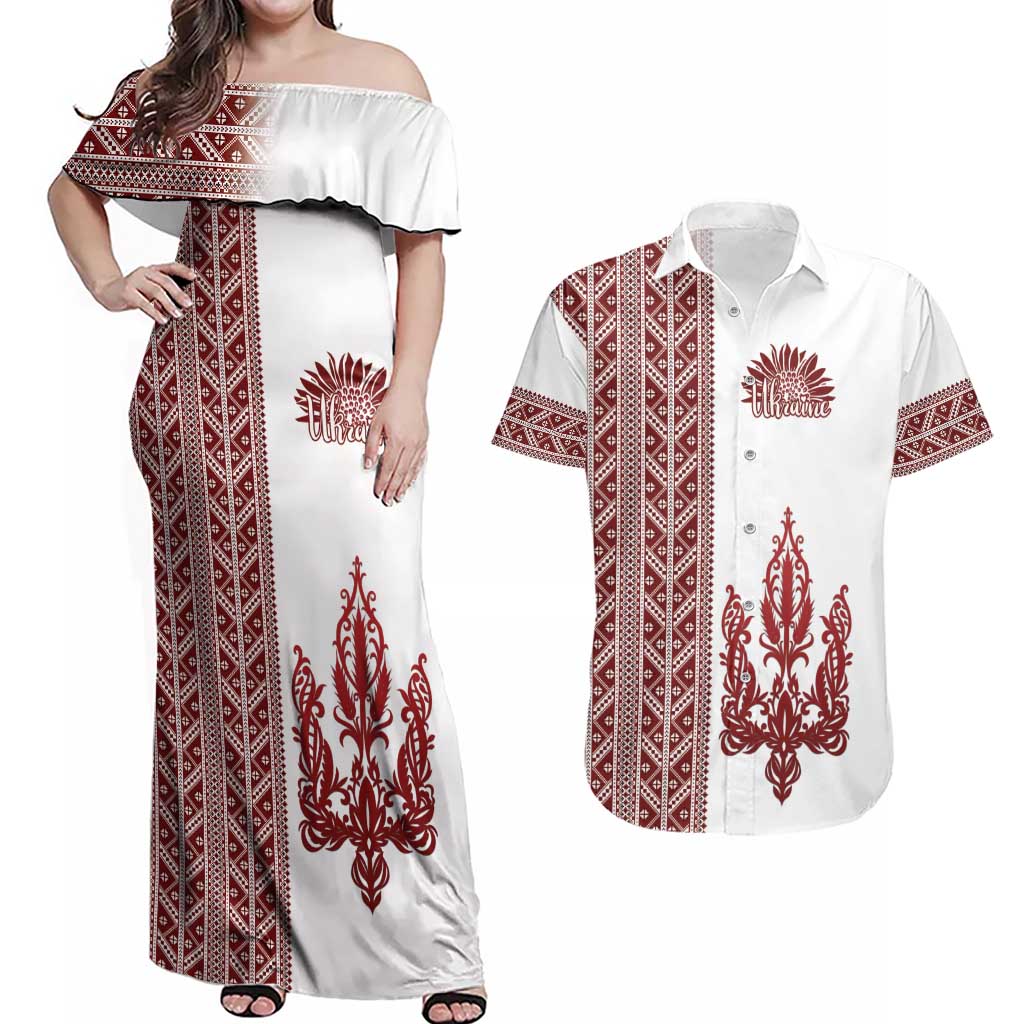 Ukraine Vyshyvanka Pattern Couples Matching Off Shoulder Maxi Dress and Hawaiian Shirt Ukrainian Trident