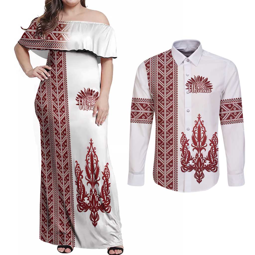 Ukraine Vyshyvanka Pattern Couples Matching Off Shoulder Maxi Dress and Long Sleeve Button Shirt Ukrainian Trident