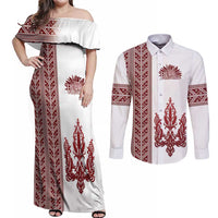 Ukraine Vyshyvanka Pattern Couples Matching Off Shoulder Maxi Dress and Long Sleeve Button Shirt Ukrainian Trident