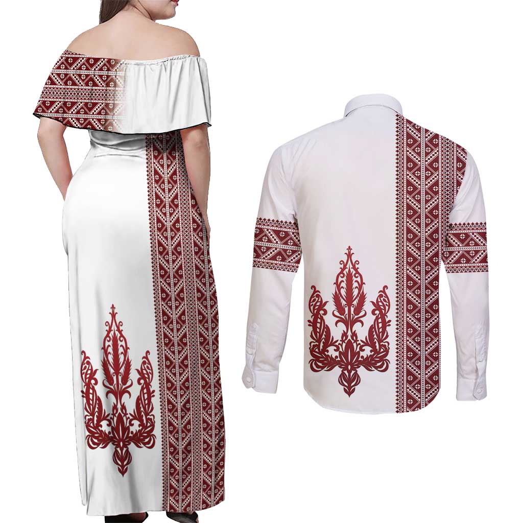 Ukraine Vyshyvanka Pattern Couples Matching Off Shoulder Maxi Dress and Long Sleeve Button Shirt Ukrainian Trident