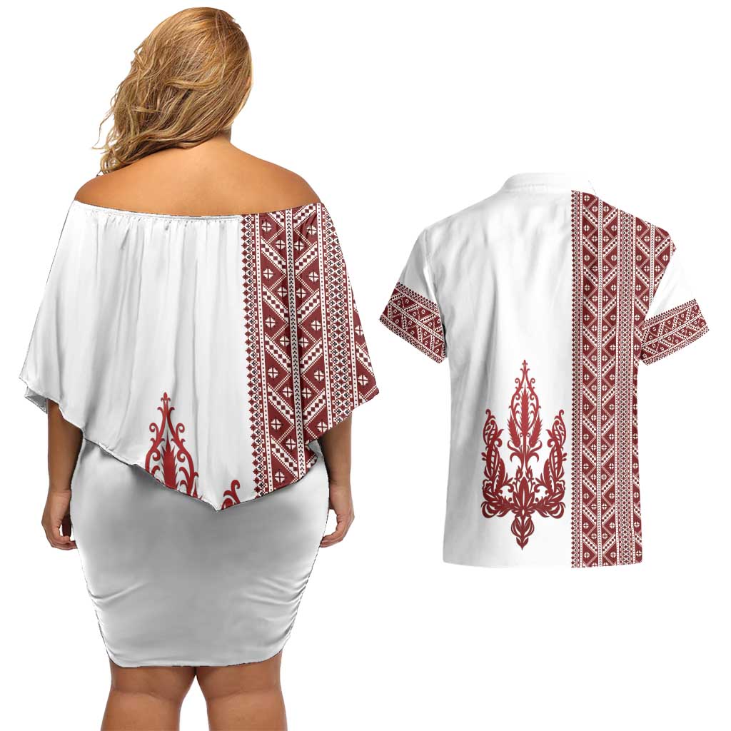 Ukraine Vyshyvanka Pattern Couples Matching Off Shoulder Short Dress and Hawaiian Shirt Ukrainian Trident