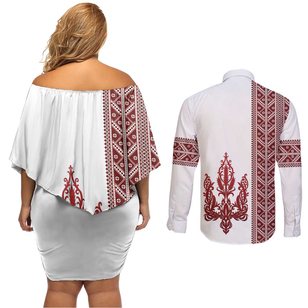Ukraine Vyshyvanka Pattern Couples Matching Off Shoulder Short Dress and Long Sleeve Button Shirt Ukrainian Trident