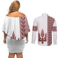 Ukraine Vyshyvanka Pattern Couples Matching Off Shoulder Short Dress and Long Sleeve Button Shirt Ukrainian Trident