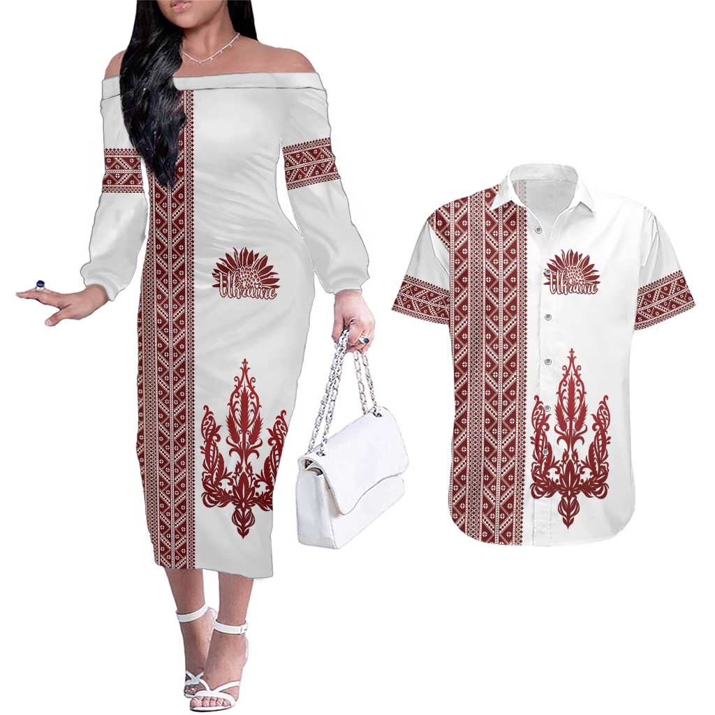 Ukraine Vyshyvanka Pattern Couples Matching Off The Shoulder Long Sleeve Dress and Hawaiian Shirt Ukrainian Trident