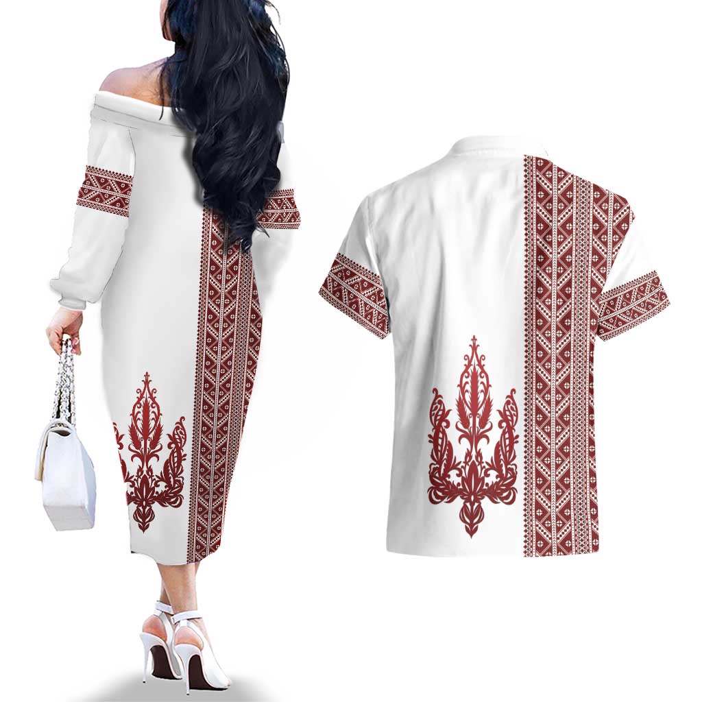 Ukraine Vyshyvanka Pattern Couples Matching Off The Shoulder Long Sleeve Dress and Hawaiian Shirt Ukrainian Trident
