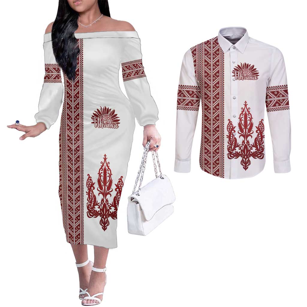 Ukraine Vyshyvanka Pattern Couples Matching Off The Shoulder Long Sleeve Dress and Long Sleeve Button Shirt Ukrainian Trident