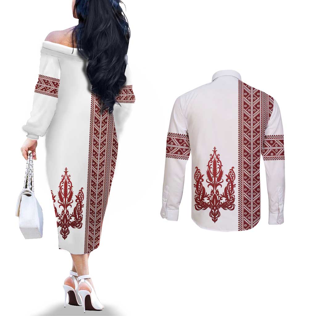 Ukraine Vyshyvanka Pattern Couples Matching Off The Shoulder Long Sleeve Dress and Long Sleeve Button Shirt Ukrainian Trident