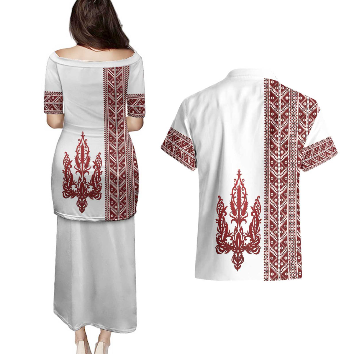 Ukraine Vyshyvanka Pattern Couples Matching Puletasi and Hawaiian Shirt Ukrainian Trident