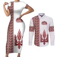 Ukraine Vyshyvanka Pattern Couples Matching Short Sleeve Bodycon Dress and Long Sleeve Button Shirt Ukrainian Trident