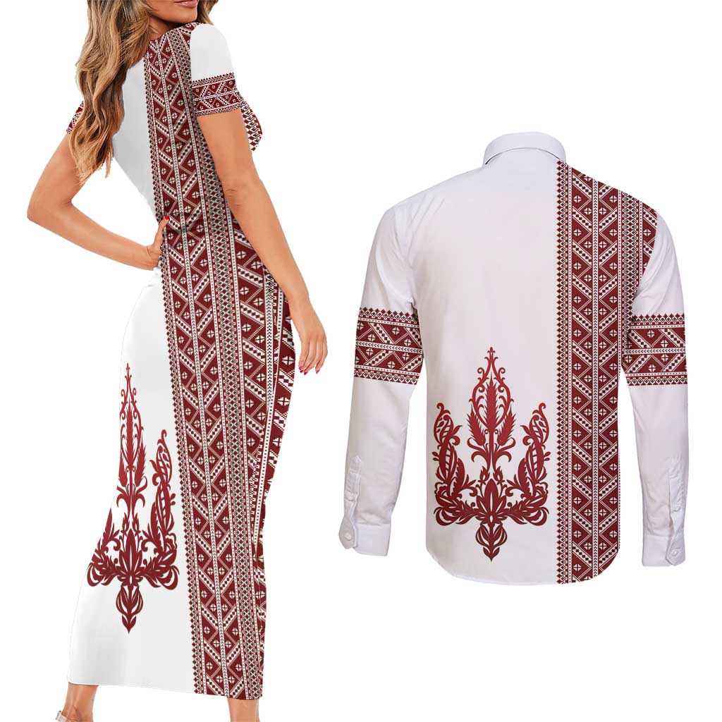 Ukraine Vyshyvanka Pattern Couples Matching Short Sleeve Bodycon Dress and Long Sleeve Button Shirt Ukrainian Trident