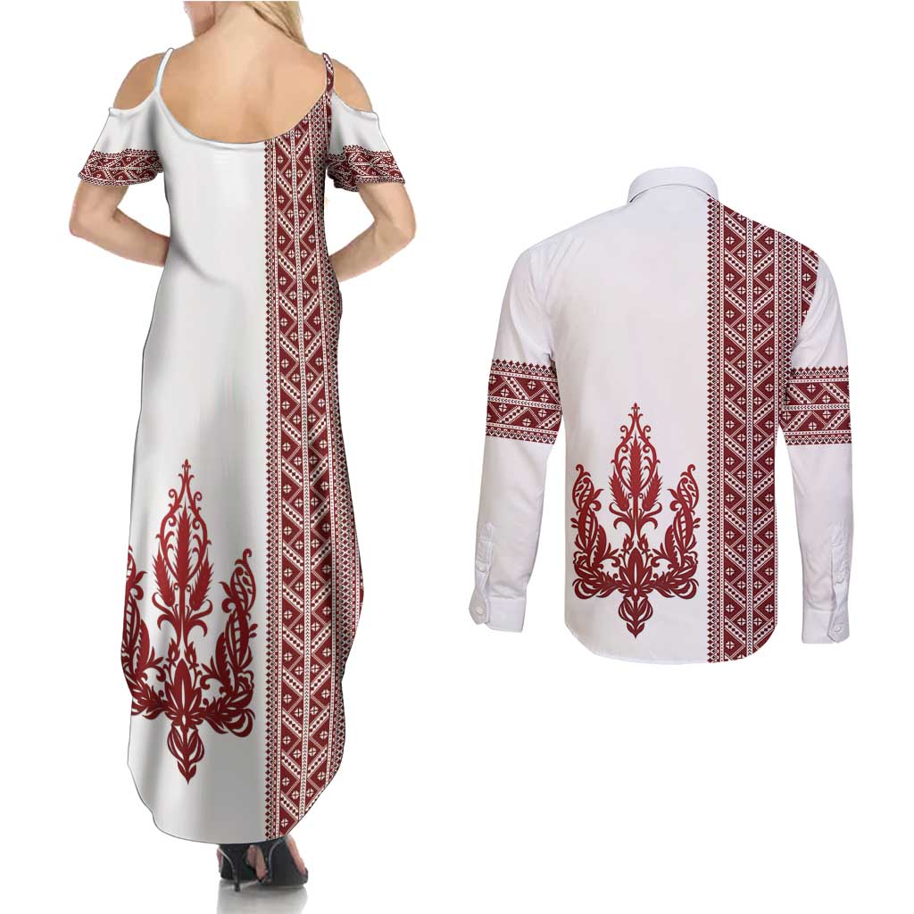 Ukraine Vyshyvanka Pattern Couples Matching Summer Maxi Dress and Long Sleeve Button Shirt Ukrainian Trident