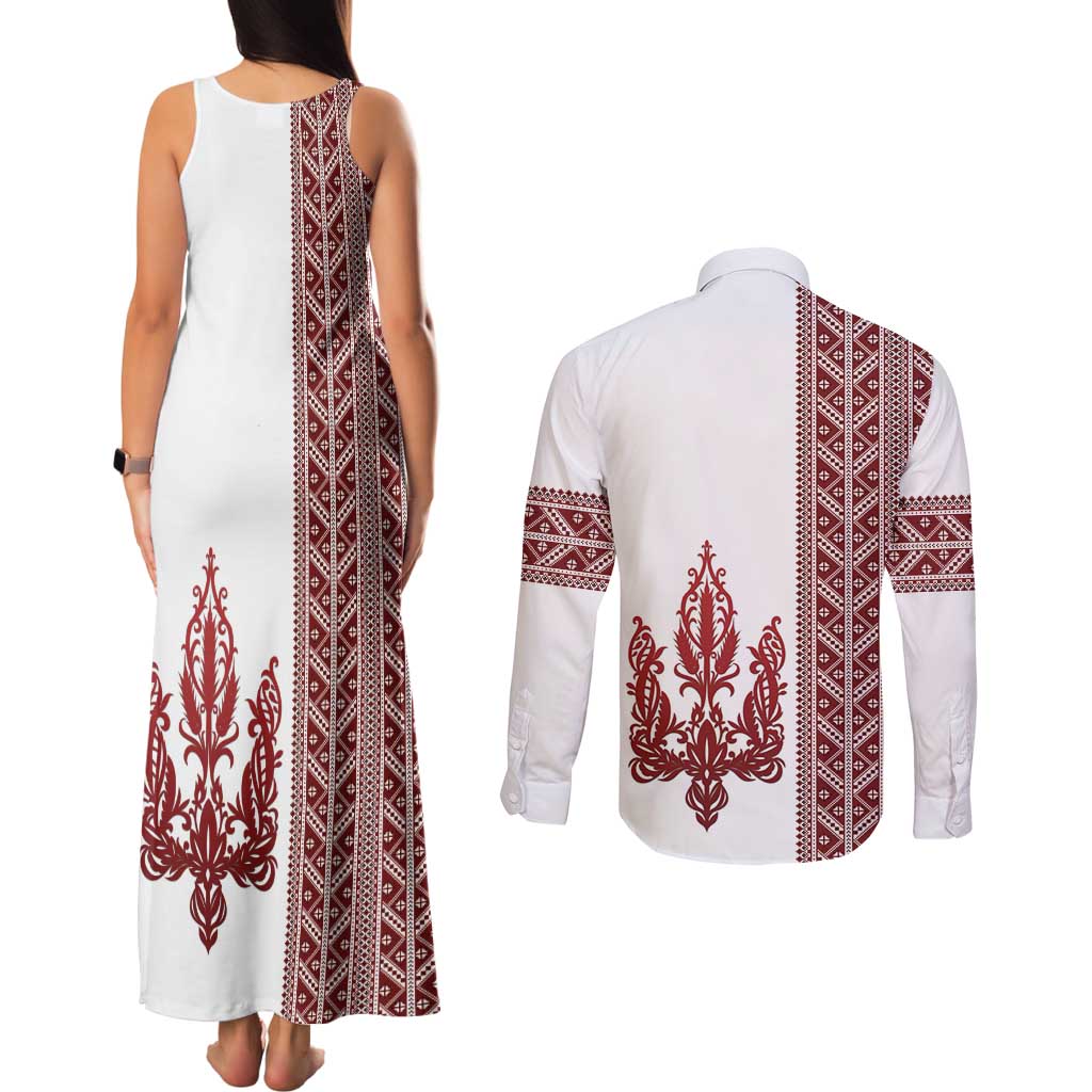 Ukraine Vyshyvanka Pattern Couples Matching Tank Maxi Dress and Long Sleeve Button Shirt Ukrainian Trident