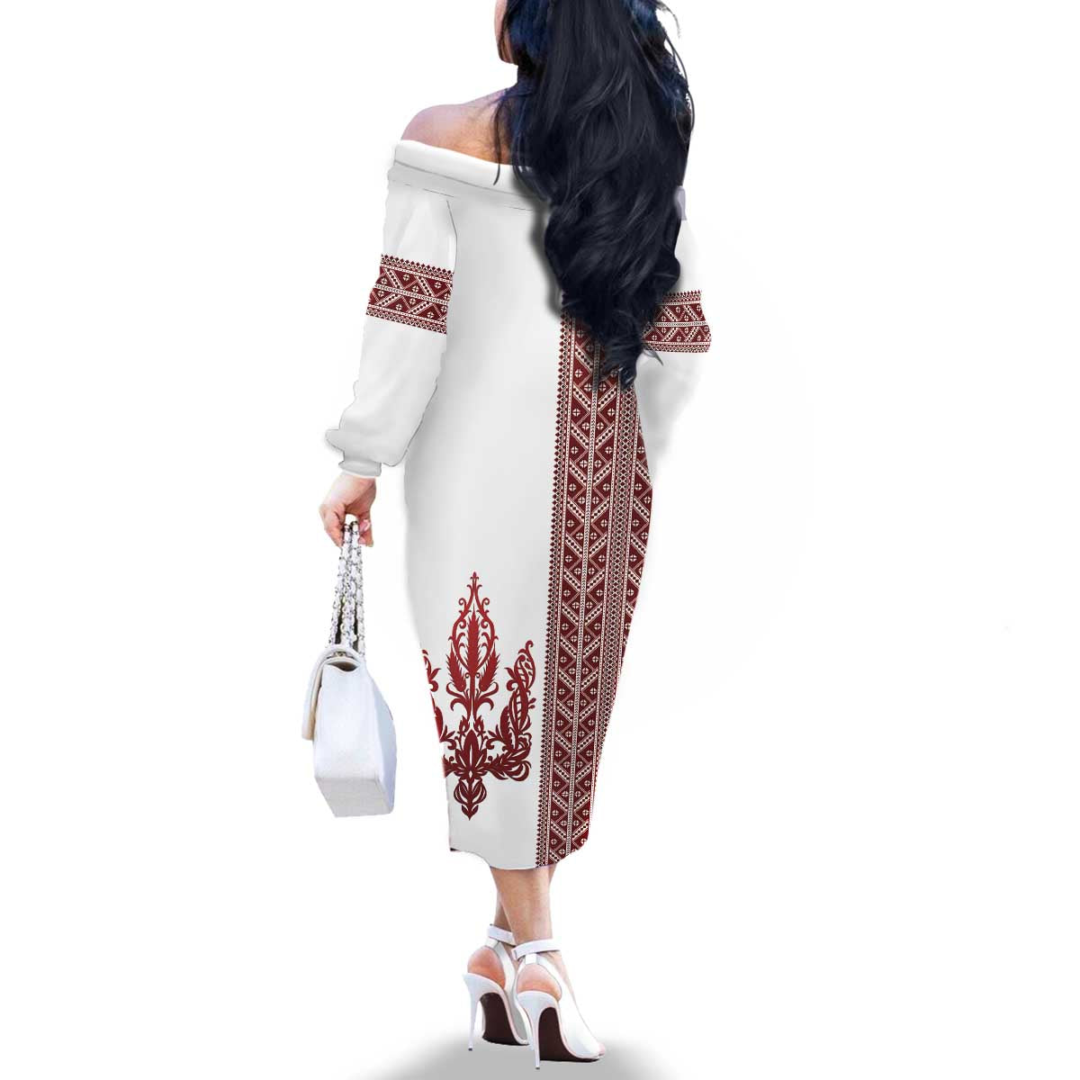 Ukraine Vyshyvanka Pattern Family Matching Off The Shoulder Long Sleeve Dress and Hawaiian Shirt Ukrainian Trident