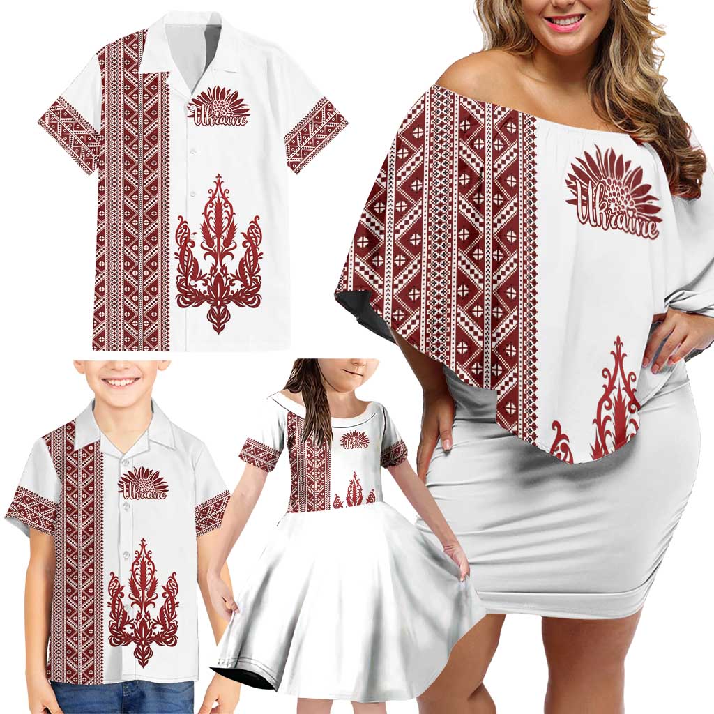 Ukraine Vyshyvanka Pattern Family Matching Off Shoulder Short Dress and Hawaiian Shirt Ukrainian Trident