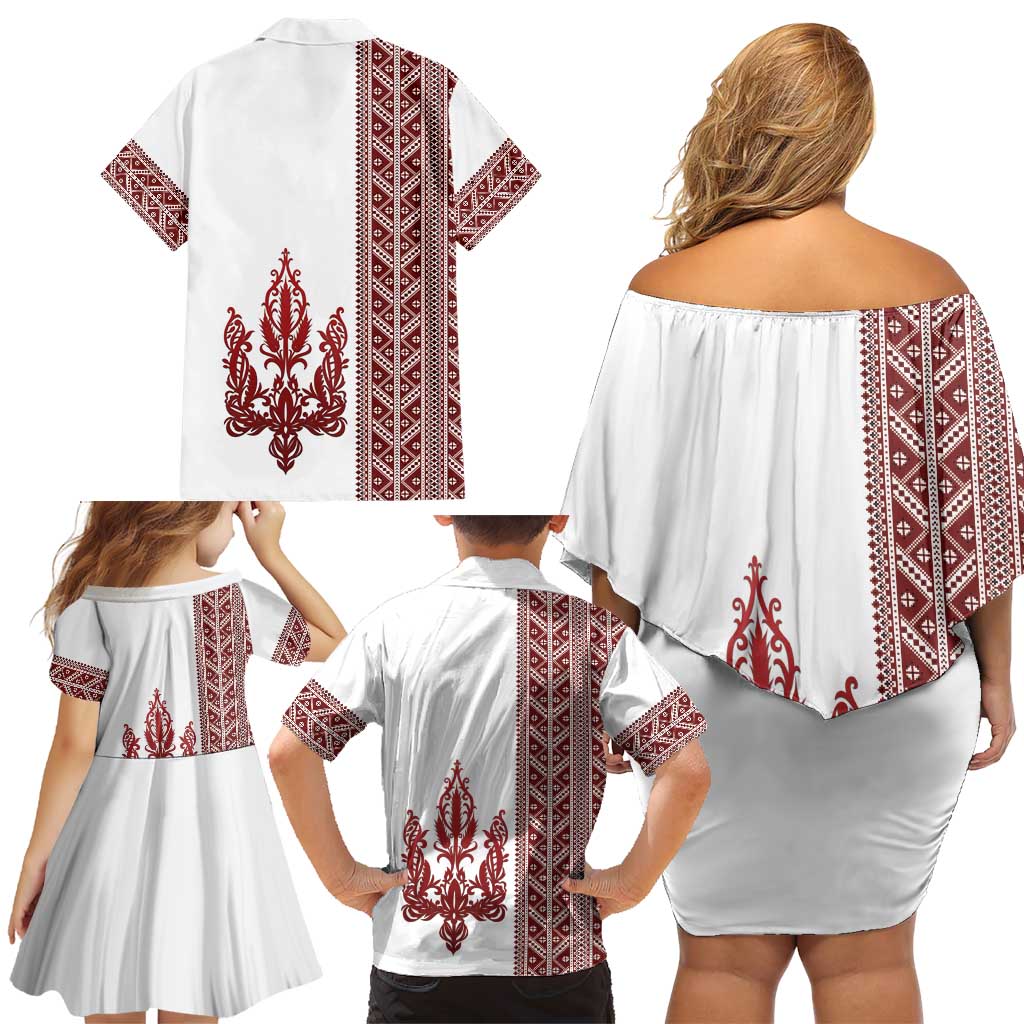 Ukraine Vyshyvanka Pattern Family Matching Off Shoulder Short Dress and Hawaiian Shirt Ukrainian Trident