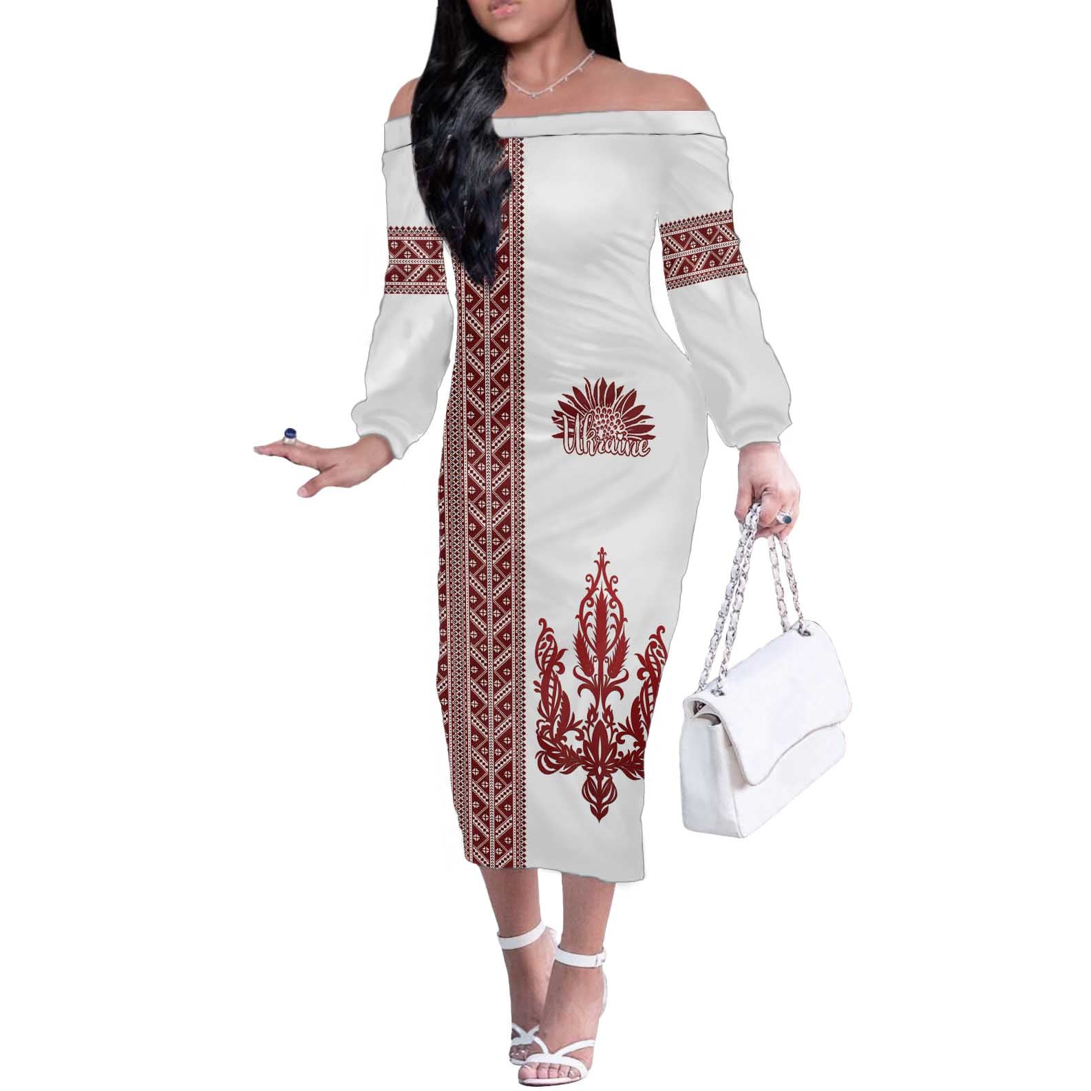 Ukraine Vyshyvanka Pattern Off The Shoulder Long Sleeve Dress Ukrainian Trident
