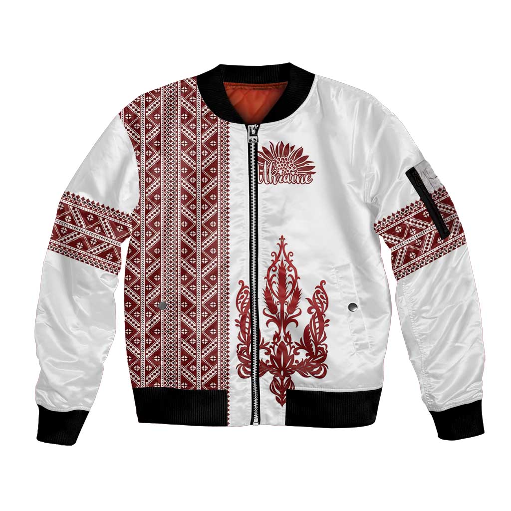 Ukraine Vyshyvanka Pattern Sleeve Zip Bomber Jacket Ukrainian Trident