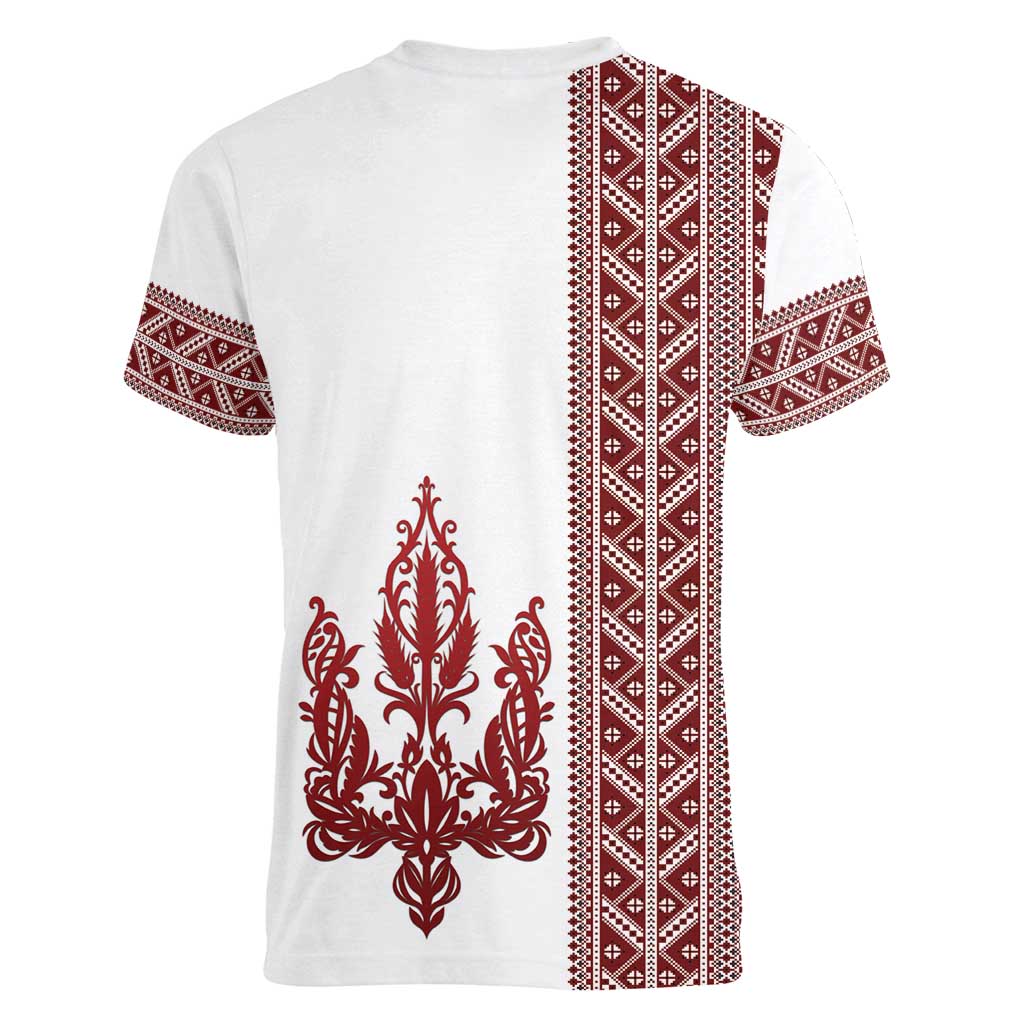 Ukraine Vyshyvanka Pattern Women V-Neck T-Shirt Ukrainian Trident