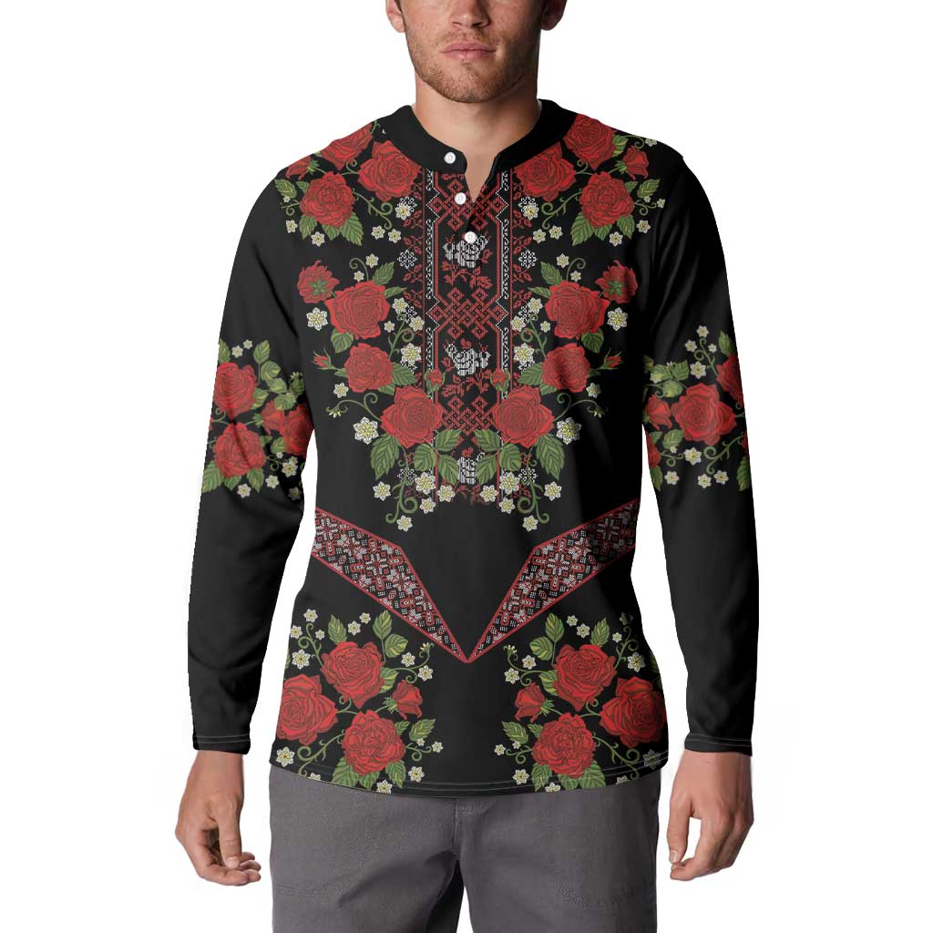 Traditional Ukrainian Costume Button Sweatshirt Red Floral Embroidery Style