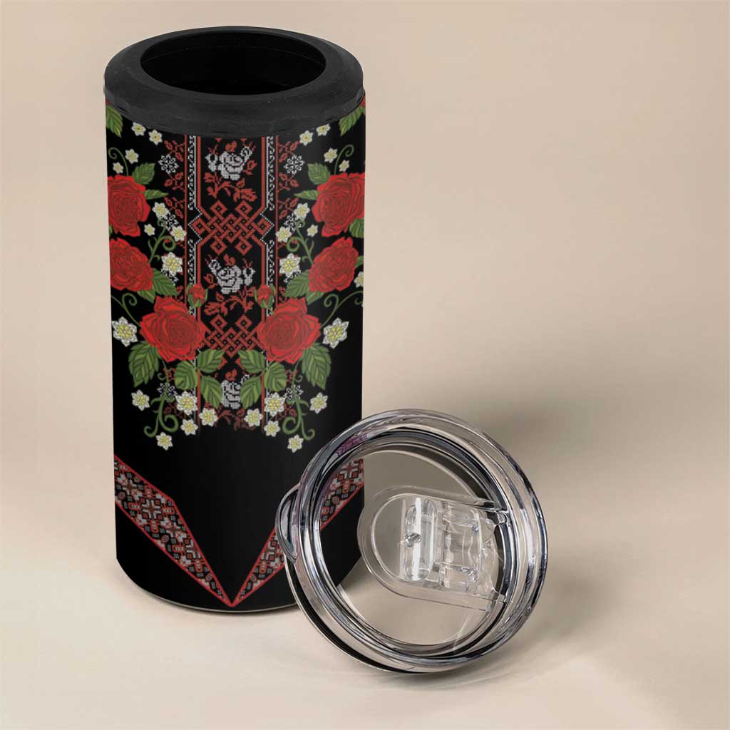 Traditional Ukrainian Costume 4 in 1 Can Cooler Tumbler Red Floral Embroidery Style