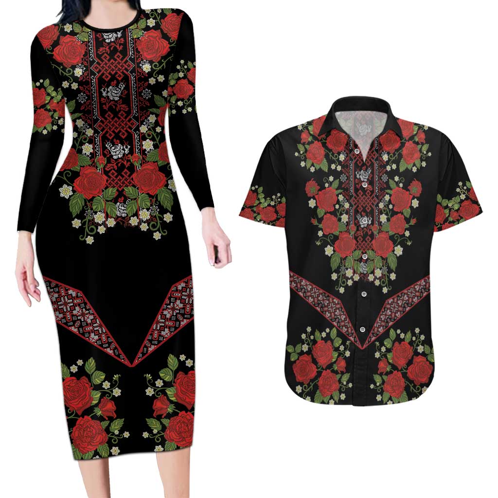 Traditional Ukrainian Costume Couples Matching Long Sleeve Bodycon Dress and Hawaiian Shirt Red Floral Embroidery Style