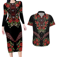 Traditional Ukrainian Costume Couples Matching Long Sleeve Bodycon Dress and Hawaiian Shirt Red Floral Embroidery Style