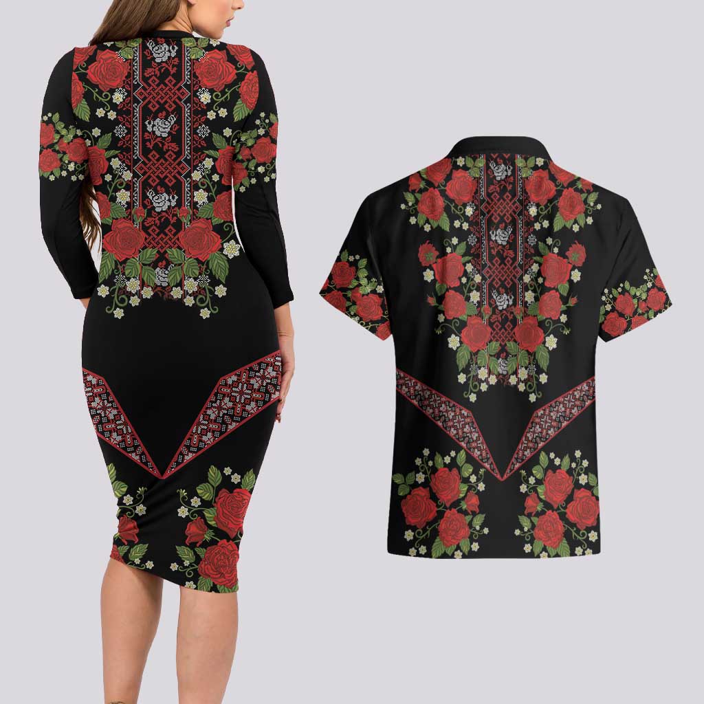 Traditional Ukrainian Costume Couples Matching Long Sleeve Bodycon Dress and Hawaiian Shirt Red Floral Embroidery Style