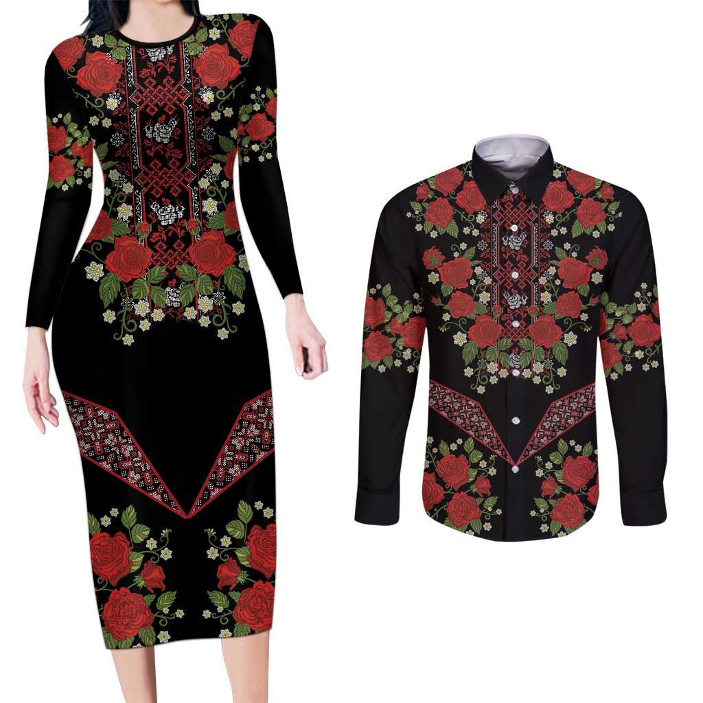 Traditional Ukrainian Costume Couples Matching Long Sleeve Bodycon Dress and Long Sleeve Button Shirt Red Floral Embroidery Style