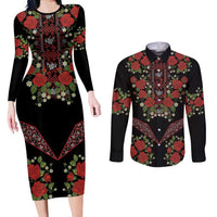 Traditional Ukrainian Costume Couples Matching Long Sleeve Bodycon Dress and Long Sleeve Button Shirt Red Floral Embroidery Style
