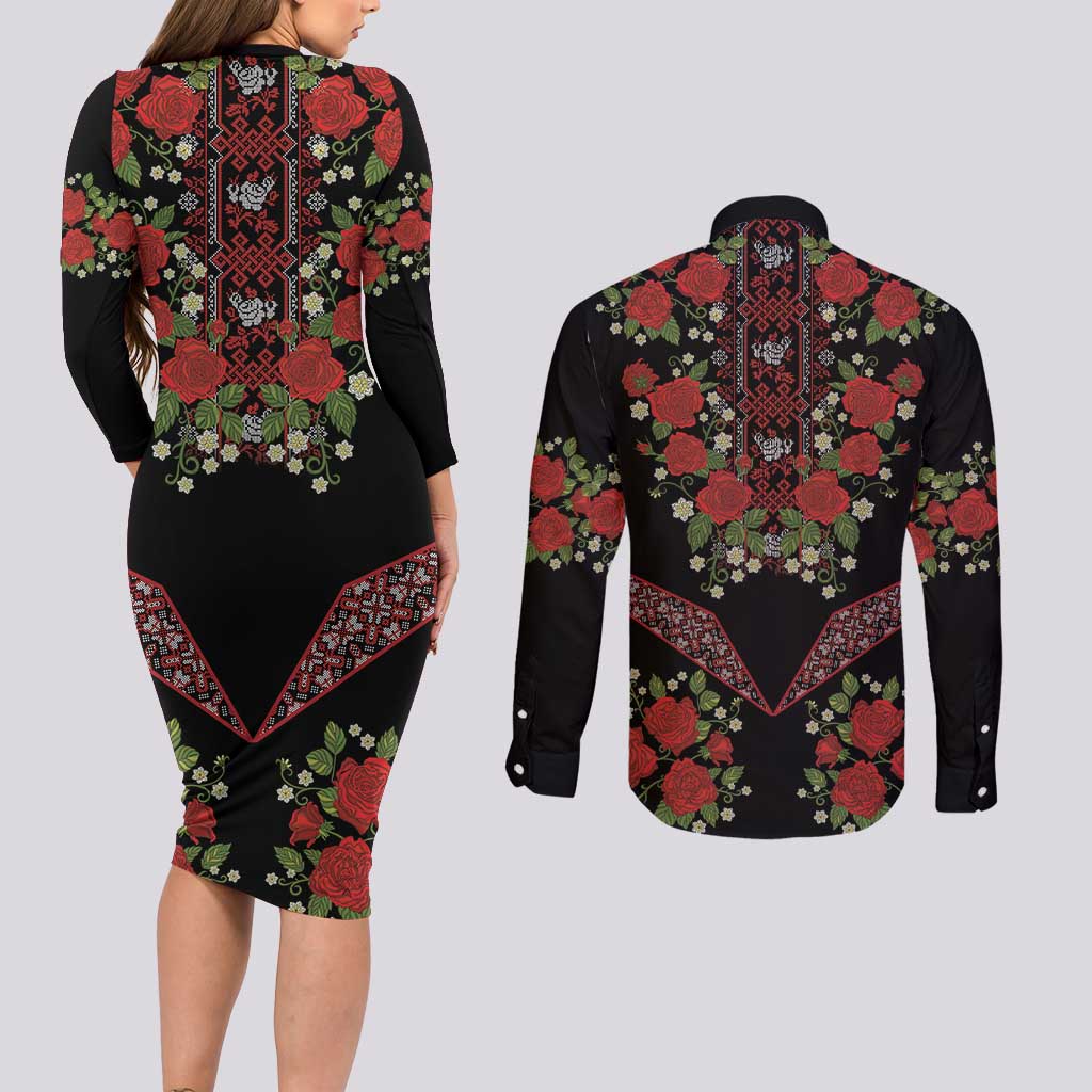Traditional Ukrainian Costume Couples Matching Long Sleeve Bodycon Dress and Long Sleeve Button Shirt Red Floral Embroidery Style