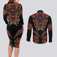 Traditional Ukrainian Costume Couples Matching Long Sleeve Bodycon Dress and Long Sleeve Button Shirt Red Floral Embroidery Style