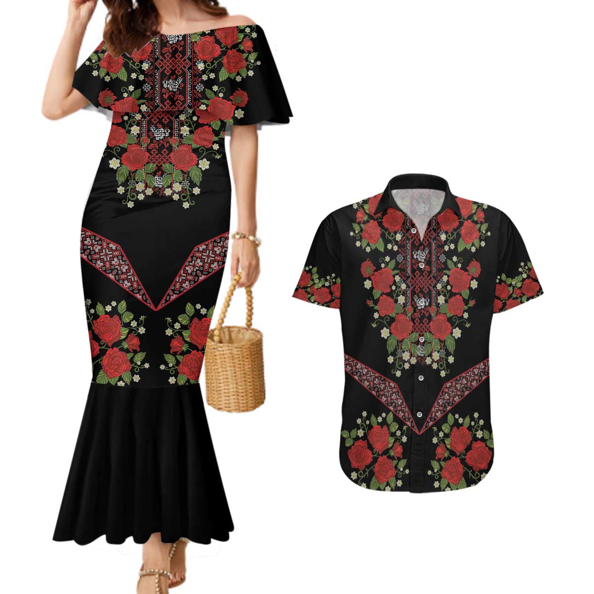 Traditional Ukrainian Costume Couples Matching Mermaid Dress and Hawaiian Shirt Red Floral Embroidery Style