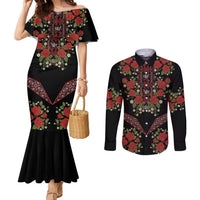 Traditional Ukrainian Costume Couples Matching Mermaid Dress and Long Sleeve Button Shirt Red Floral Embroidery Style