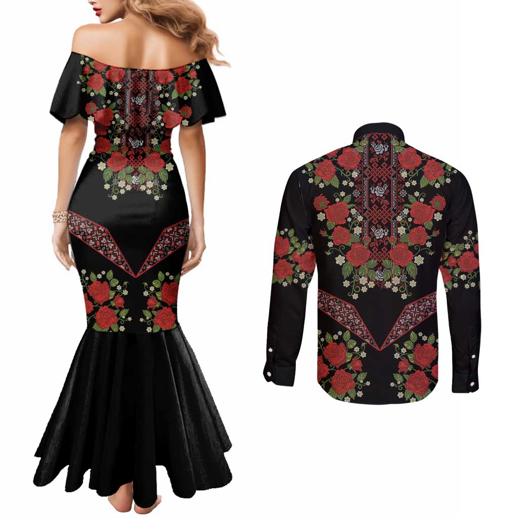 Traditional Ukrainian Costume Couples Matching Mermaid Dress and Long Sleeve Button Shirt Red Floral Embroidery Style
