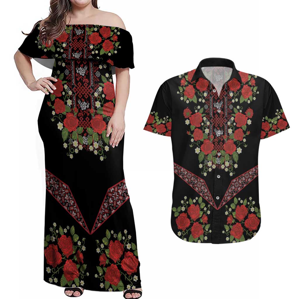 Traditional Ukrainian Costume Couples Matching Off Shoulder Maxi Dress and Hawaiian Shirt Red Floral Embroidery Style