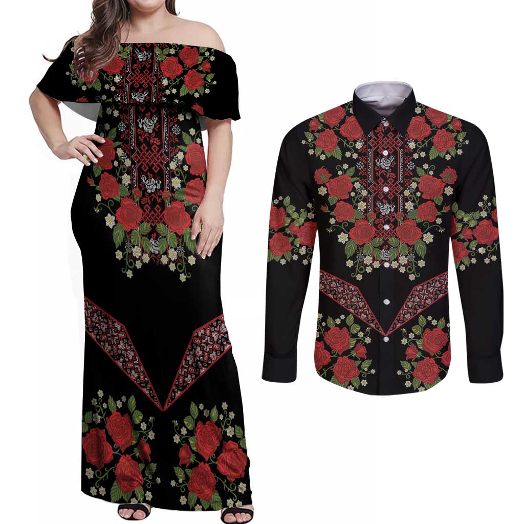 Traditional Ukrainian Costume Couples Matching Off Shoulder Maxi Dress and Long Sleeve Button Shirt Red Floral Embroidery Style