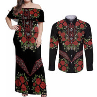 Traditional Ukrainian Costume Couples Matching Off Shoulder Maxi Dress and Long Sleeve Button Shirt Red Floral Embroidery Style