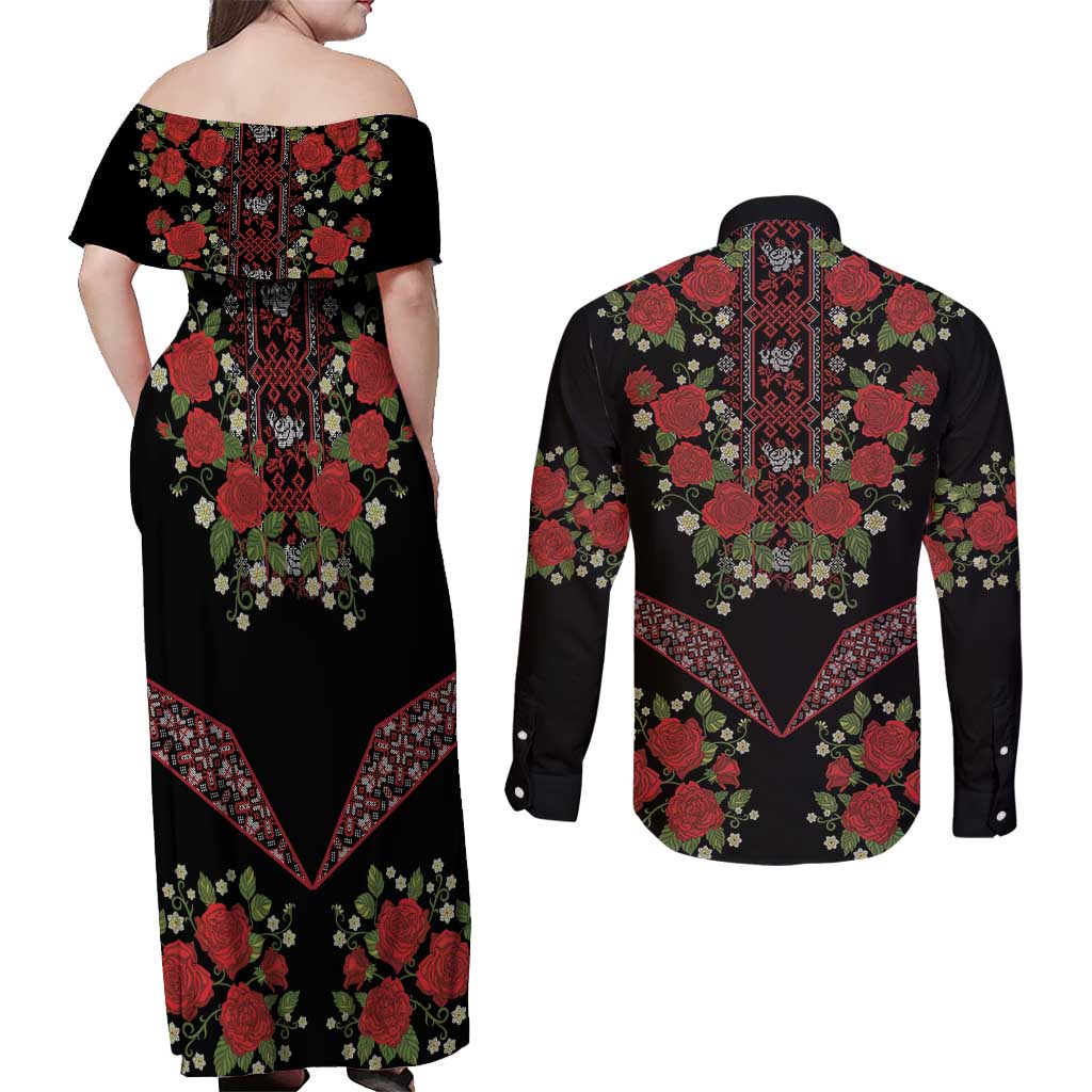 Traditional Ukrainian Costume Couples Matching Off Shoulder Maxi Dress and Long Sleeve Button Shirt Red Floral Embroidery Style