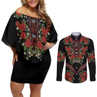 Traditional Ukrainian Costume Couples Matching Off Shoulder Short Dress and Long Sleeve Button Shirt Red Floral Embroidery Style