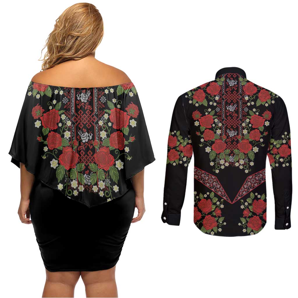 Traditional Ukrainian Costume Couples Matching Off Shoulder Short Dress and Long Sleeve Button Shirt Red Floral Embroidery Style