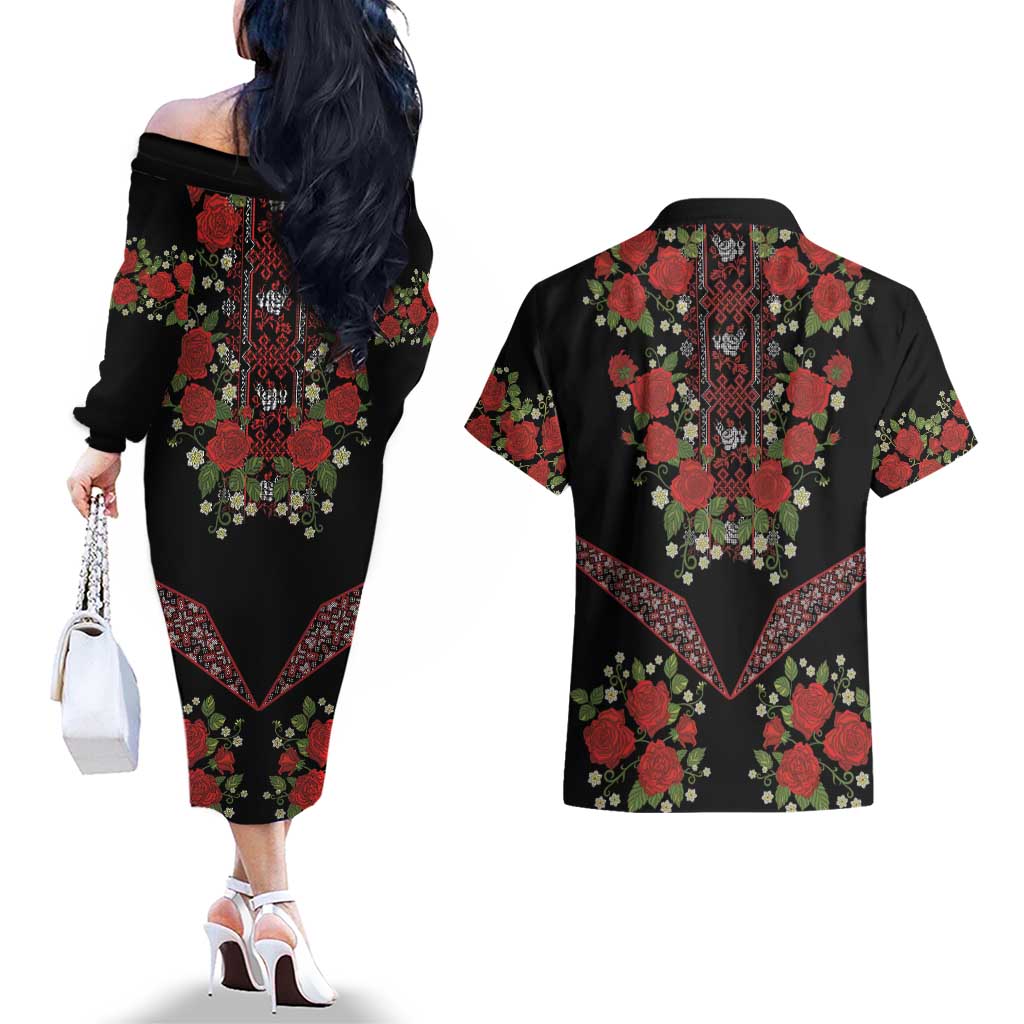 Traditional Ukrainian Costume Couples Matching Off The Shoulder Long Sleeve Dress and Hawaiian Shirt Red Floral Embroidery Style