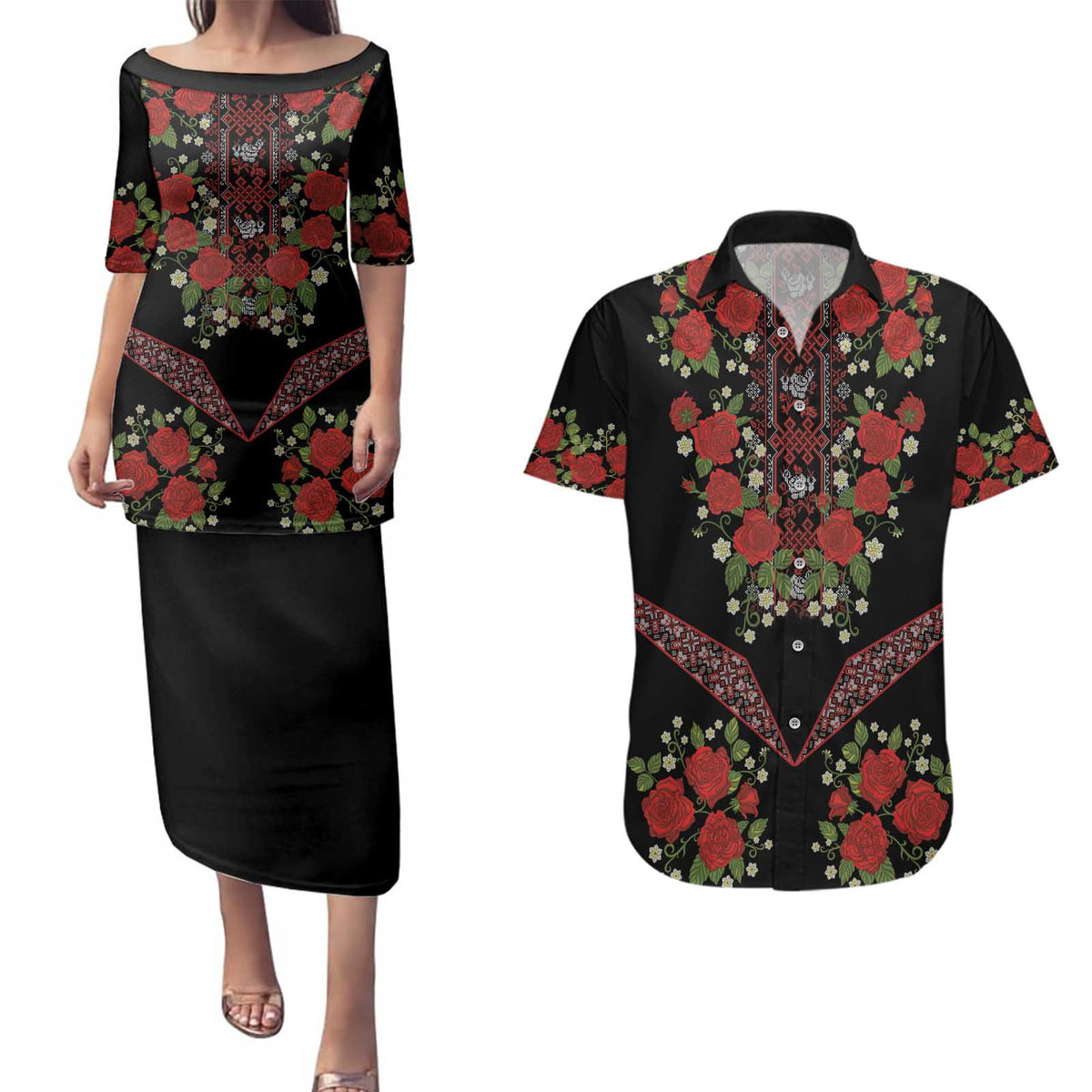 Traditional Ukrainian Costume Couples Matching Puletasi and Hawaiian Shirt Red Floral Embroidery Style