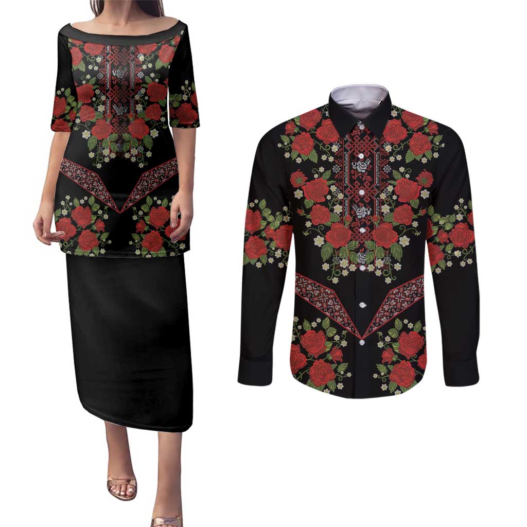 Traditional Ukrainian Costume Couples Matching Puletasi and Long Sleeve Button Shirt Red Floral Embroidery Style