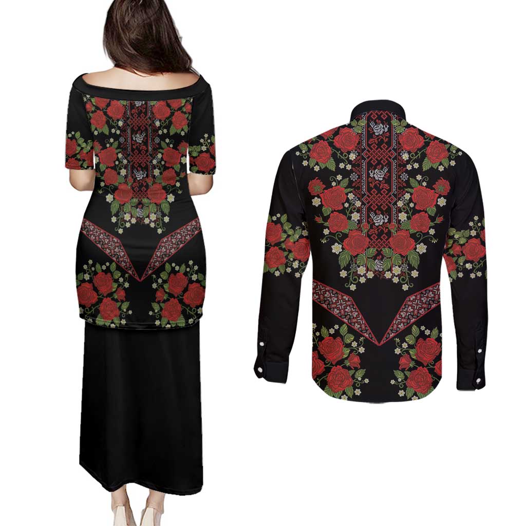 Traditional Ukrainian Costume Couples Matching Puletasi and Long Sleeve Button Shirt Red Floral Embroidery Style