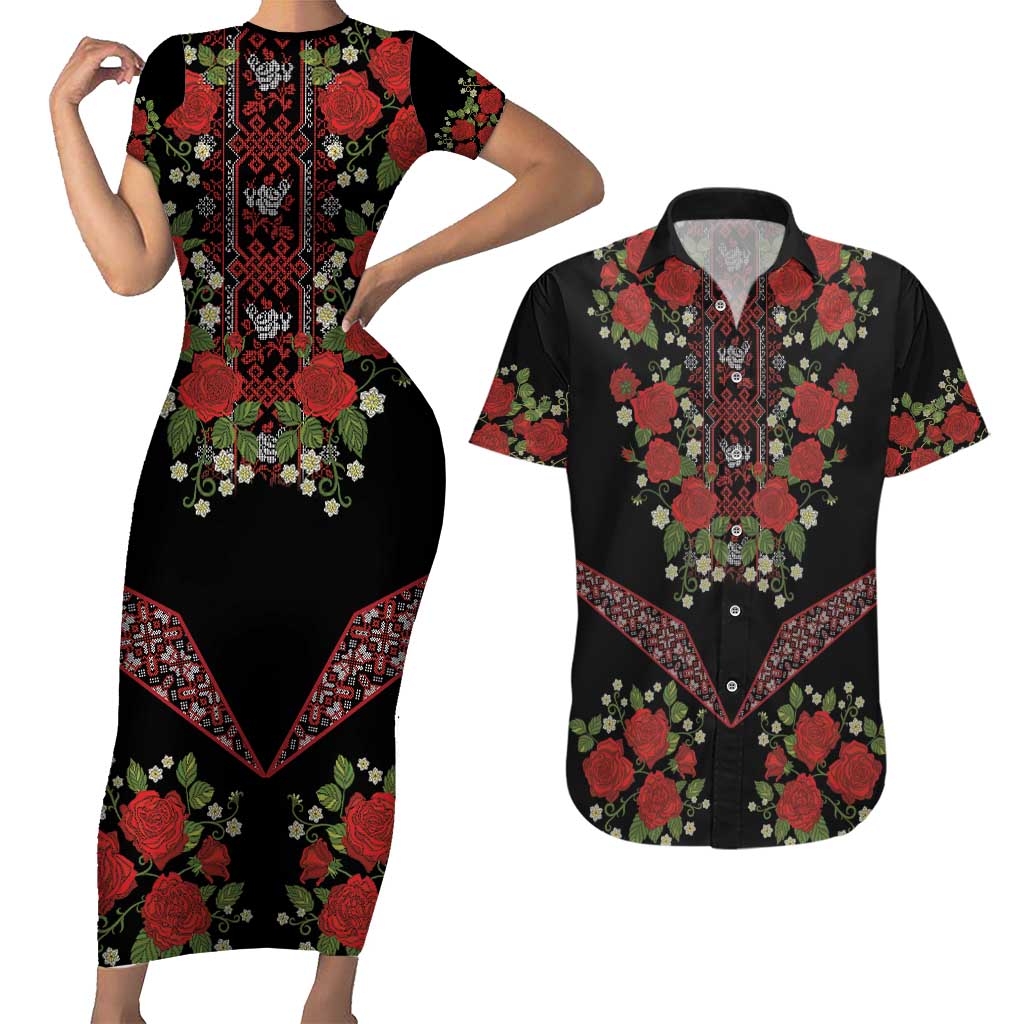 Traditional Ukrainian Costume Couples Matching Short Sleeve Bodycon Dress and Hawaiian Shirt Red Floral Embroidery Style
